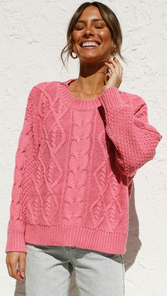 Pink Pullover Cable Knit Sweater