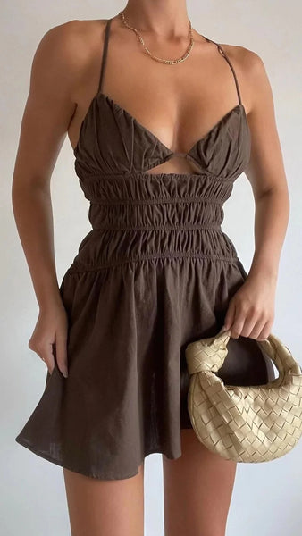Chocolate Pleated Slip Mini Dress