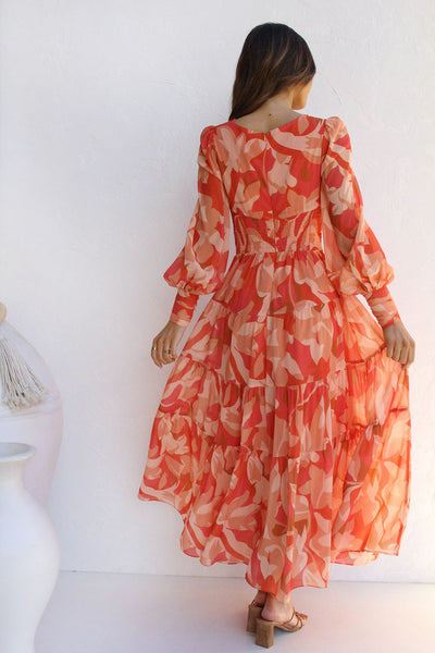 Orange Floral Long Sleeves Midi Dress