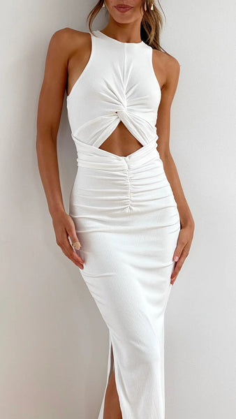White Front Twisted Knit Midi Dress