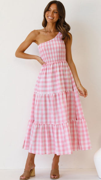 Pink Gingham Print One Shoulder Dress