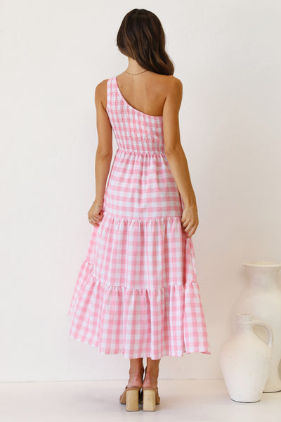 Pink Gingham Print One Shoulder Dress