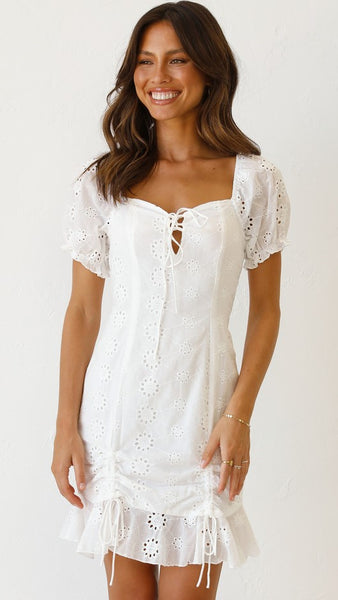 White Crochet Tie Trim Mini Dress