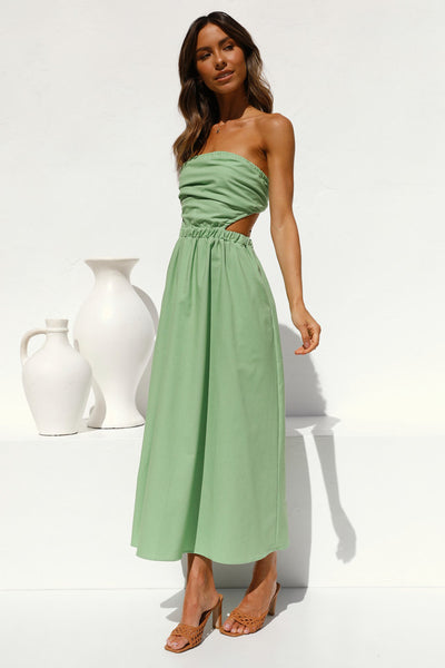 Green Solid Bandeau Midi Dress