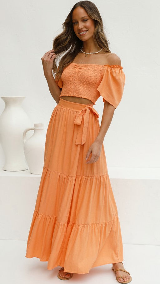 Orange Smocked Top and Skirt Sets