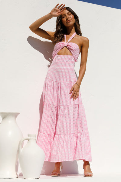 Pink Textured Crossover Halter Midi Dress