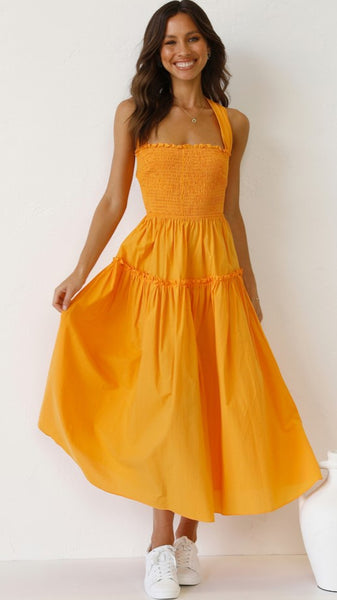 Orange Smocked Halter Midi Dress