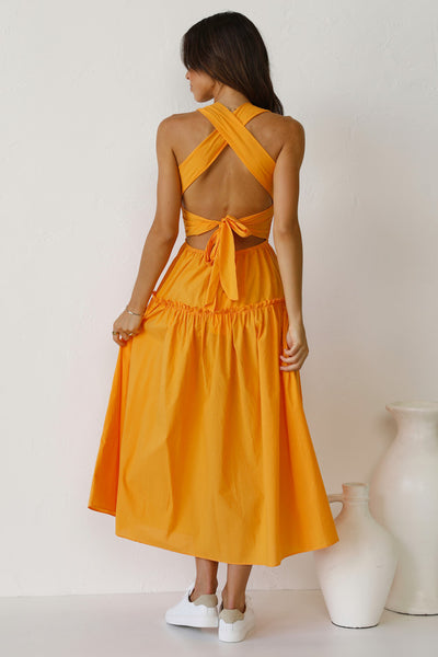 Orange Smocked Halter Midi Dress