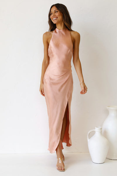 Pink Backless Halter Midi Dress