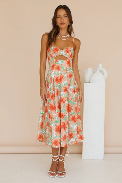 Orange Floral Cutout Slip Midi Dress