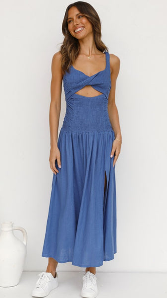 Blue Cutout Backless Midi Dress