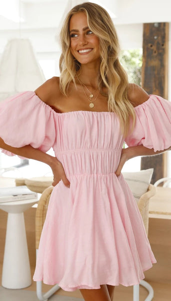 Blush Pink Off Shoulder Mini Dress