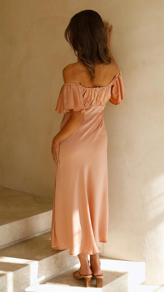 Peach Pink Off Shoulder Midi Dress
