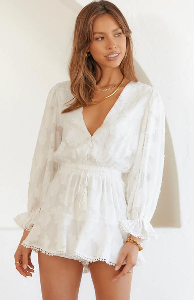 Cream Buttoned Long Sleeves Romper