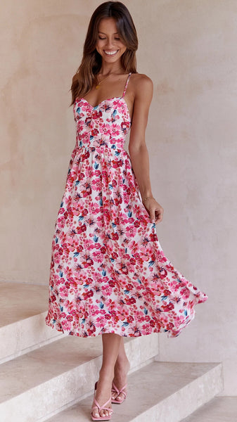 Pink Floral Backless Slip Midi Dress
