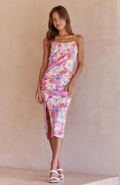 Hot Pink Floral Slip Midi Dress