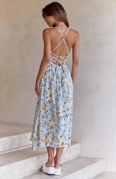 Blue Floral Backless Slip Midi Dress