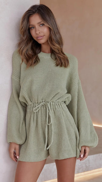 Olive Green Withdraw Knit Romper