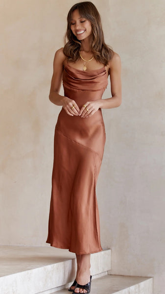 Brown Satin Slip Midi Dress – Gabi Swimwear