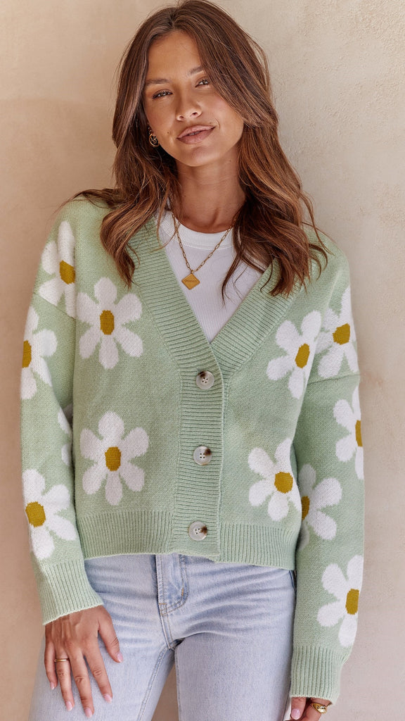 Sweet Green Floral Cardigan Sweater