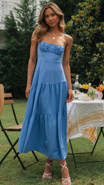 Blue Pleated Slip Midi Dress