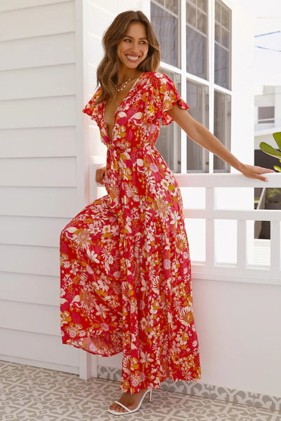 Red Floral Front Knot Jumpsuit