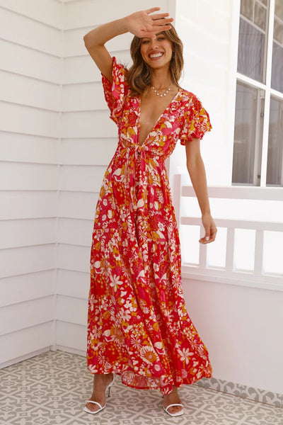Red Floral Front Knot Jumpsuit