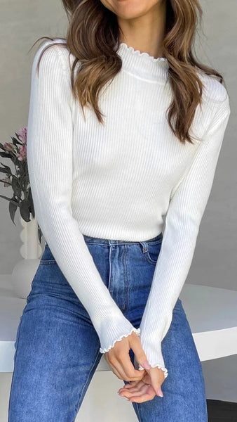White Ribbed Knit High Neck Sweater