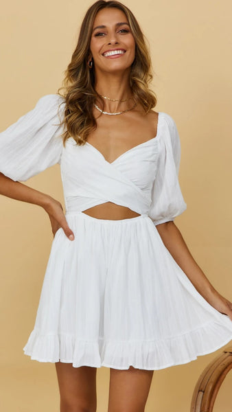 White Cutout Waist Mini Dress