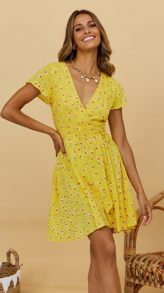 Yellow Floral Surplice Wrap Dress