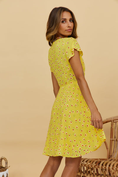 Yellow Floral Surplice Wrap Dress