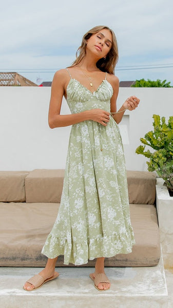 Green Floral V Neckline Maxi Dress
