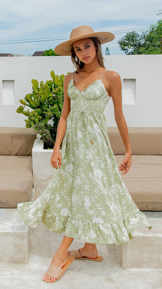Green Floral V Neckline Maxi Dress