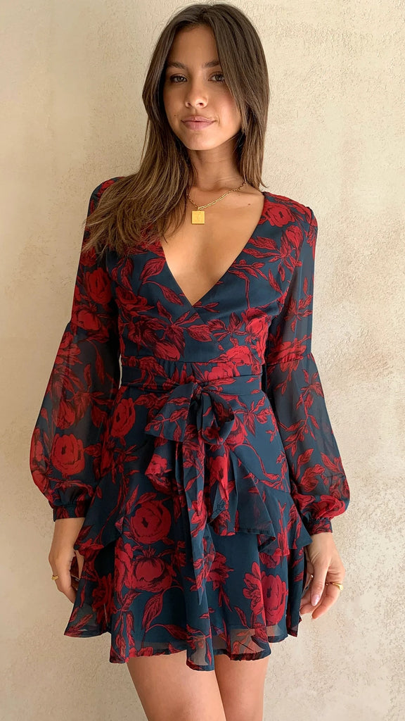 Red Floral Long Sleeves Mini Dress