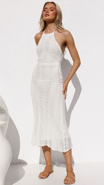 White Crochet Knit Midi Dress