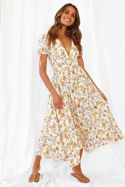 Yellow Floral Withdraw Waist Midi Dress