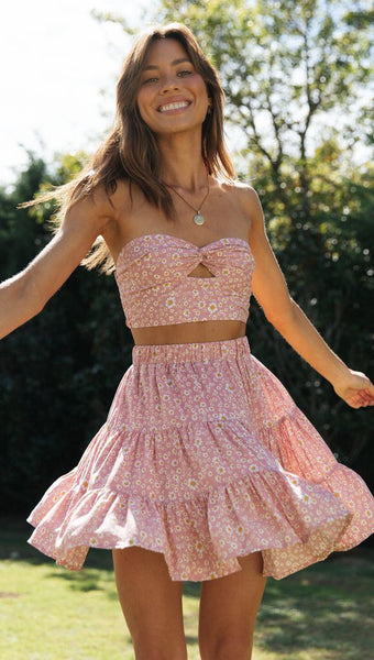 Pink Floral Crop Top and Skirt Sets