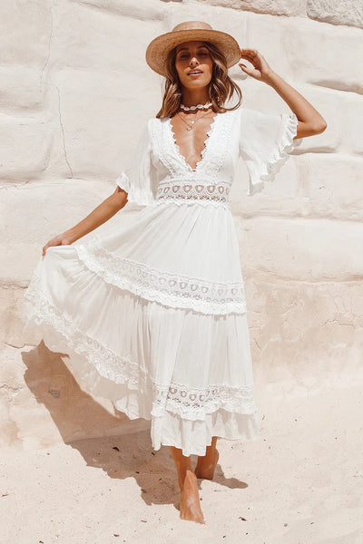 White Solid Lace Paneled Midi Dress