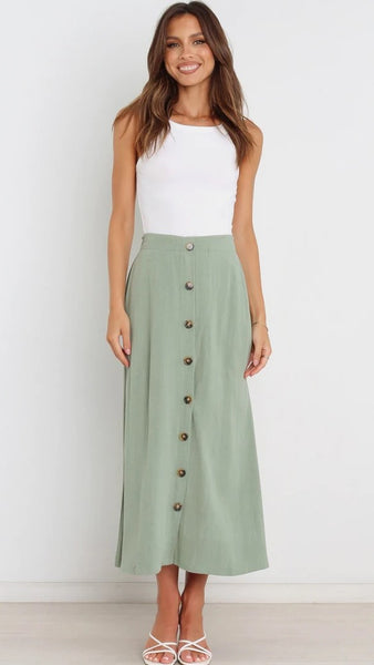 Olive Green Button Down Midi Skirts