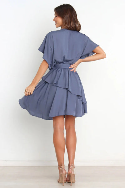 Slate Blue Waist Tie Mini Dress