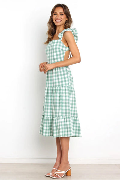 Green Gingham Print Midi Dress