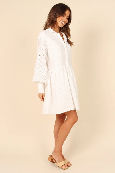 White Solid Button Down Shirt Dress