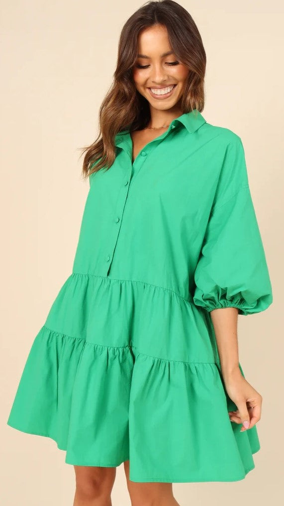 Green Solid Button Down Shirt Dress