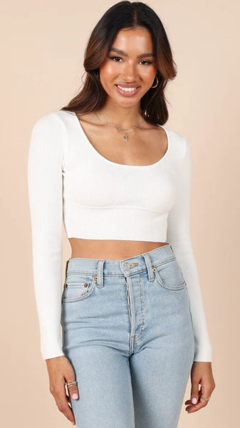 White Long Sleeves Knit Crop Top