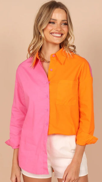 Orange Pink Block Button Down Shirt