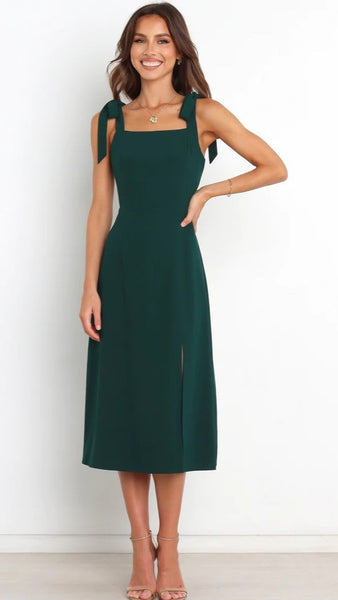 Olive Green Shoulder-Tie Midi Dress